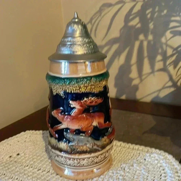 Vintage Lidded Stein Deer Fox Western Germany 9” - Picture 7 of 10